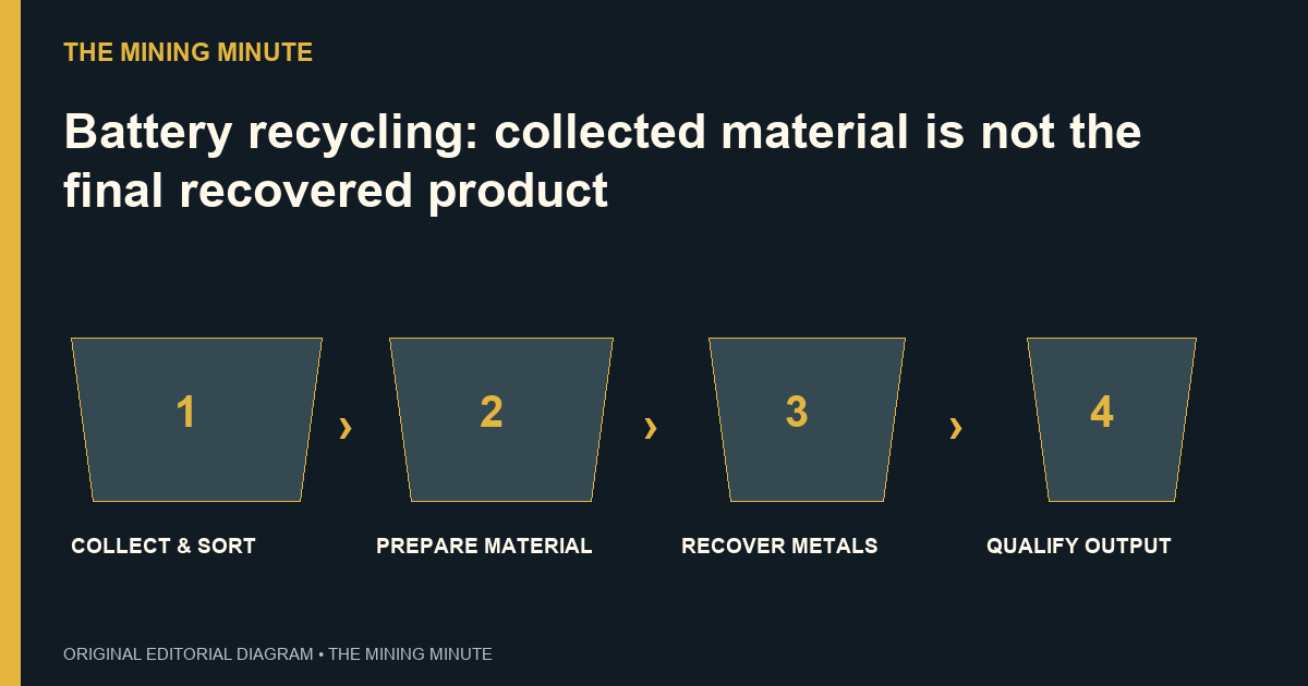 Battery recycling: collected material is not the final recovered product — four-step explanatory diagram